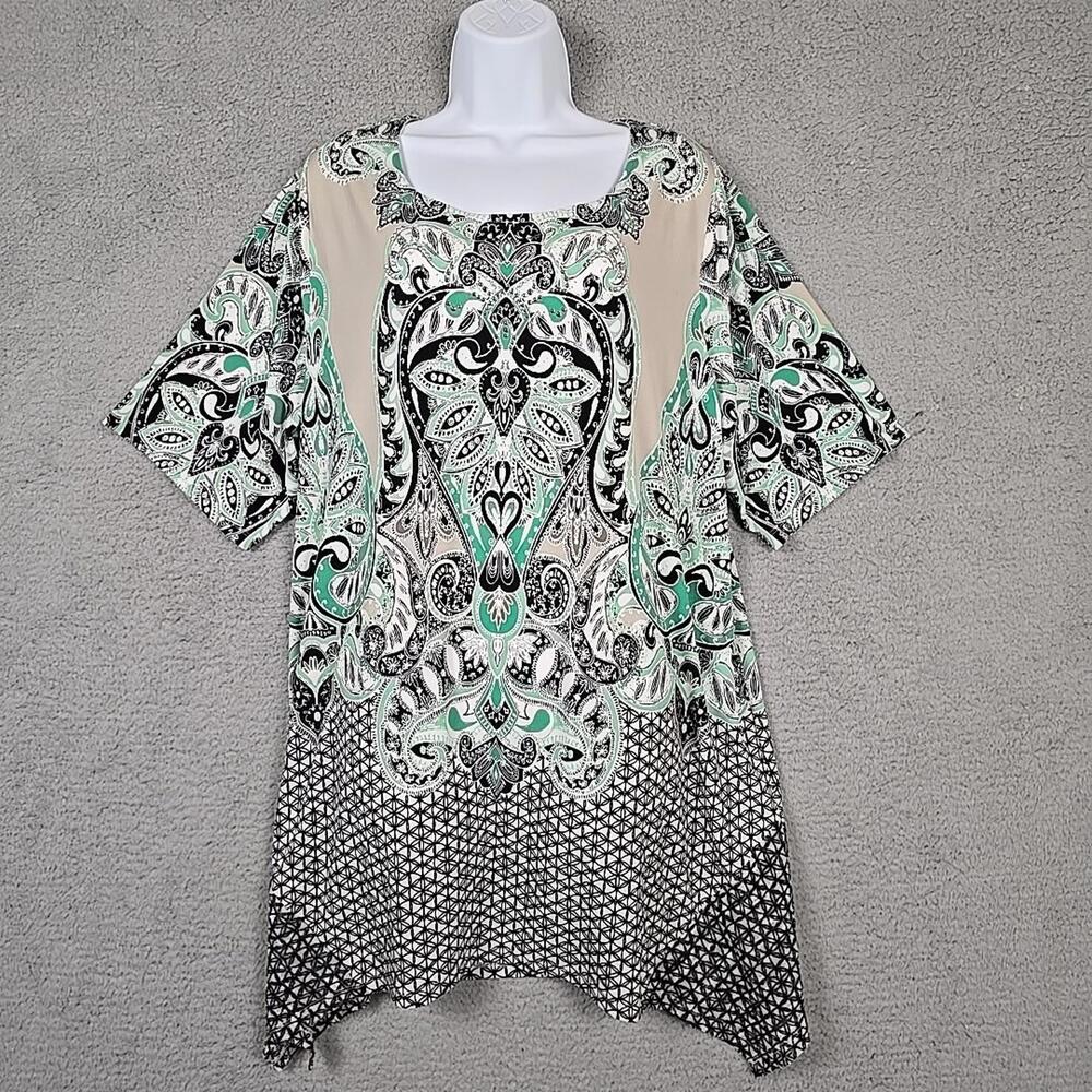 STYLE & CO Woman TUNIC BLOUSE Top Size 3X Tan/green/black print Short Sleeve